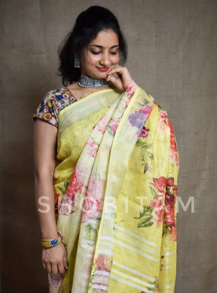 Yellow Linen Sareewith Floral Digital Print