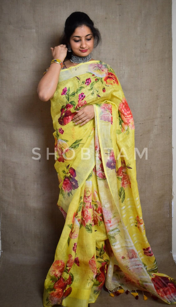 Yellow Linen Sareewith Floral Digital Print