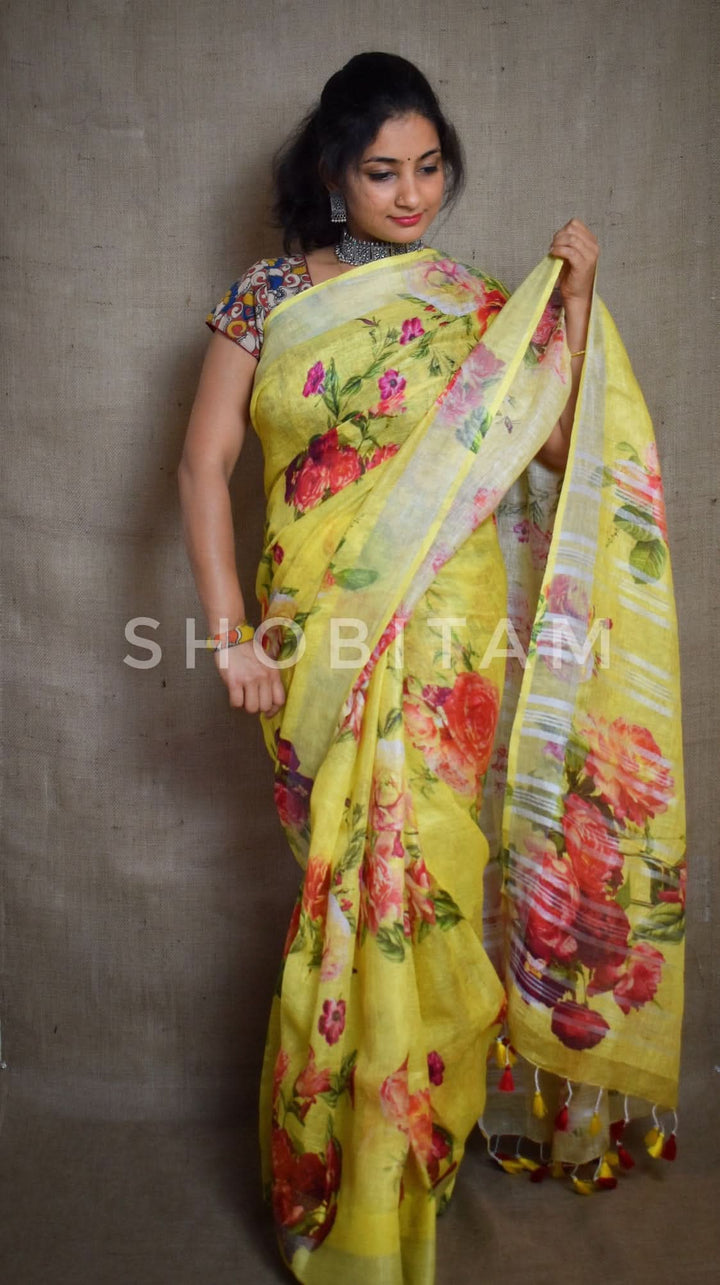 Yellow Linen Sareewith Floral Digital Print