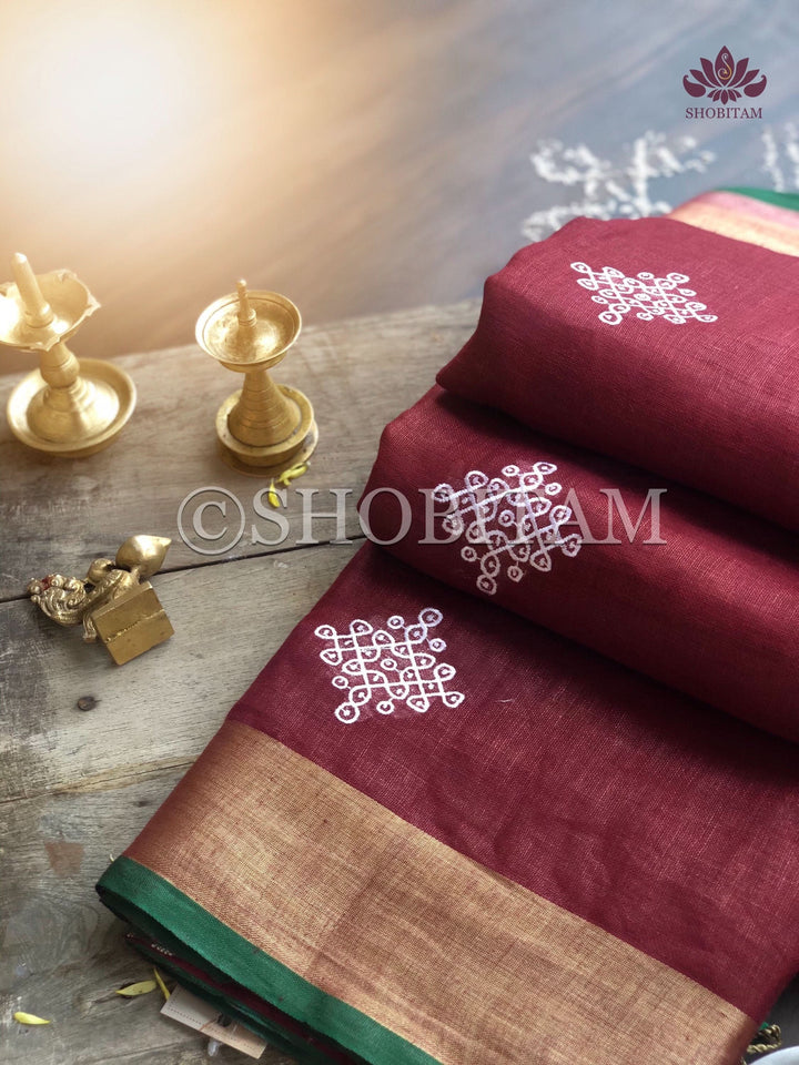 Kolam Linen embroidery Saree in Terracotta Maroon |  Linen by Linen  Saree I Rangoli Saree | Shobitam Saree