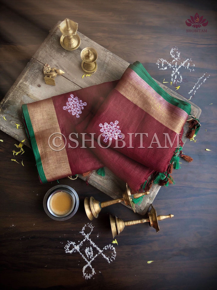 Kolam Linen embroidery Saree in Terracotta Maroon |  Linen by Linen  Saree I Rangoli Saree | Shobitam Saree
