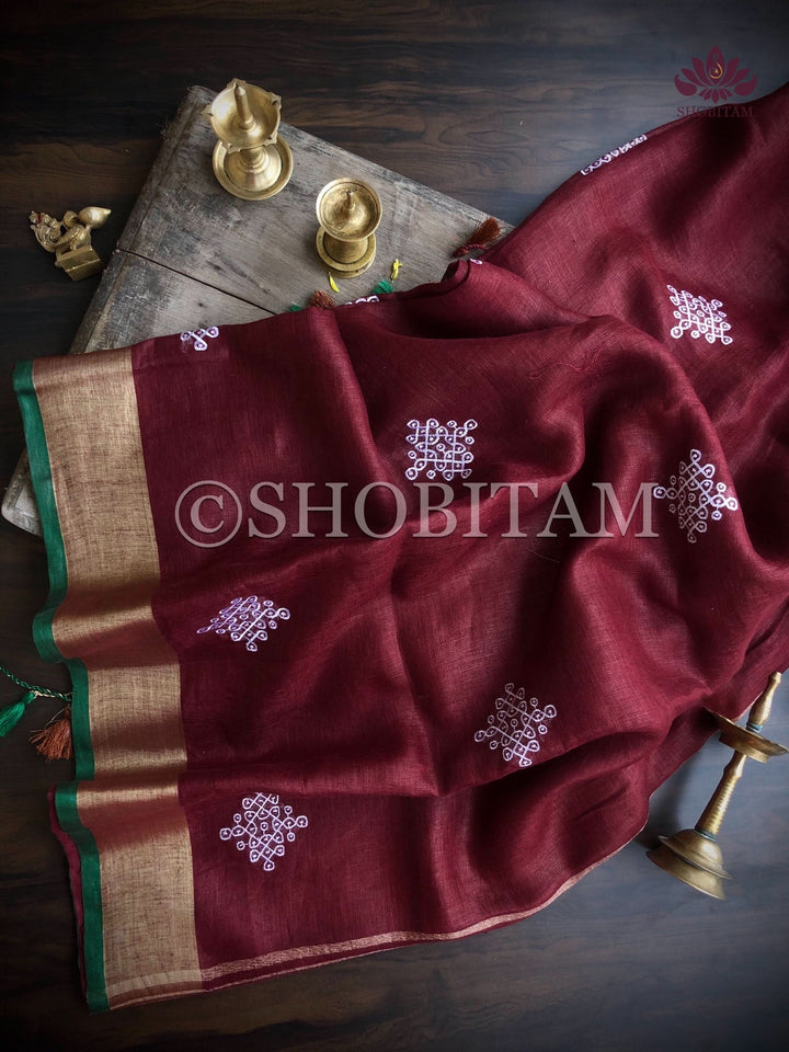 Kolam Linen embroidery Saree in Terracotta Maroon |  Linen by Linen  Saree I Rangoli Saree | Shobitam Saree
