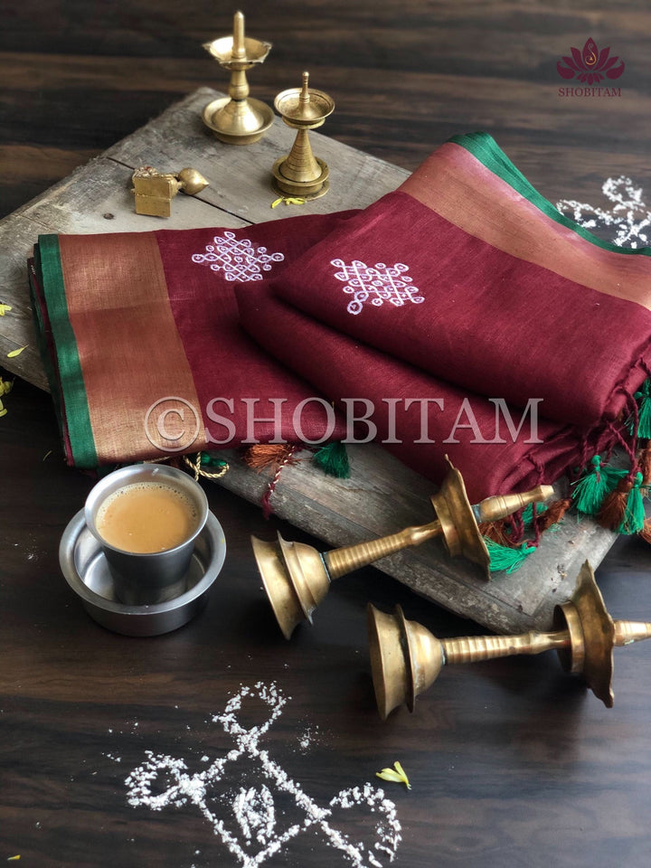 Kolam Linen embroidery Saree in Terracotta Maroon |  Linen by Linen  Saree I Rangoli Saree | Shobitam Saree