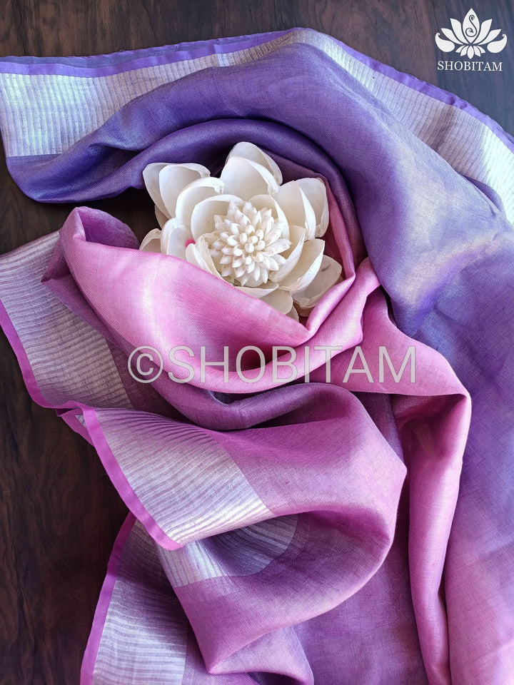 Shobitam Designer Collections - Pretty Lilac and Pink Ombre Tissue Linen saree
