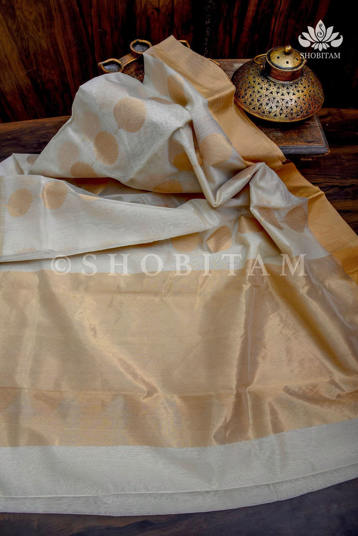 Celebrity White-Gold Chanderi Silk Saree | Shobitam Saree