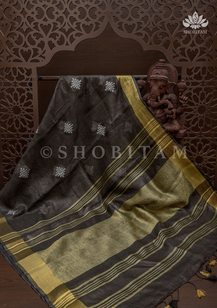 Black Linen by Linen Saree with Rangoli Embroidery