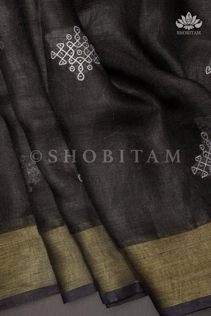 Black Linen by Linen Saree with Rangoli Embroidery