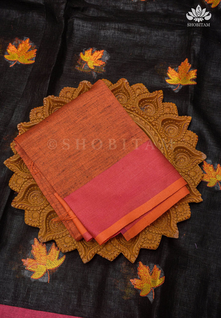 Linen by Linen Saree in Black with Fall Leaves Embroidery and Ganga Jamuna Borders | Shobitam Saree