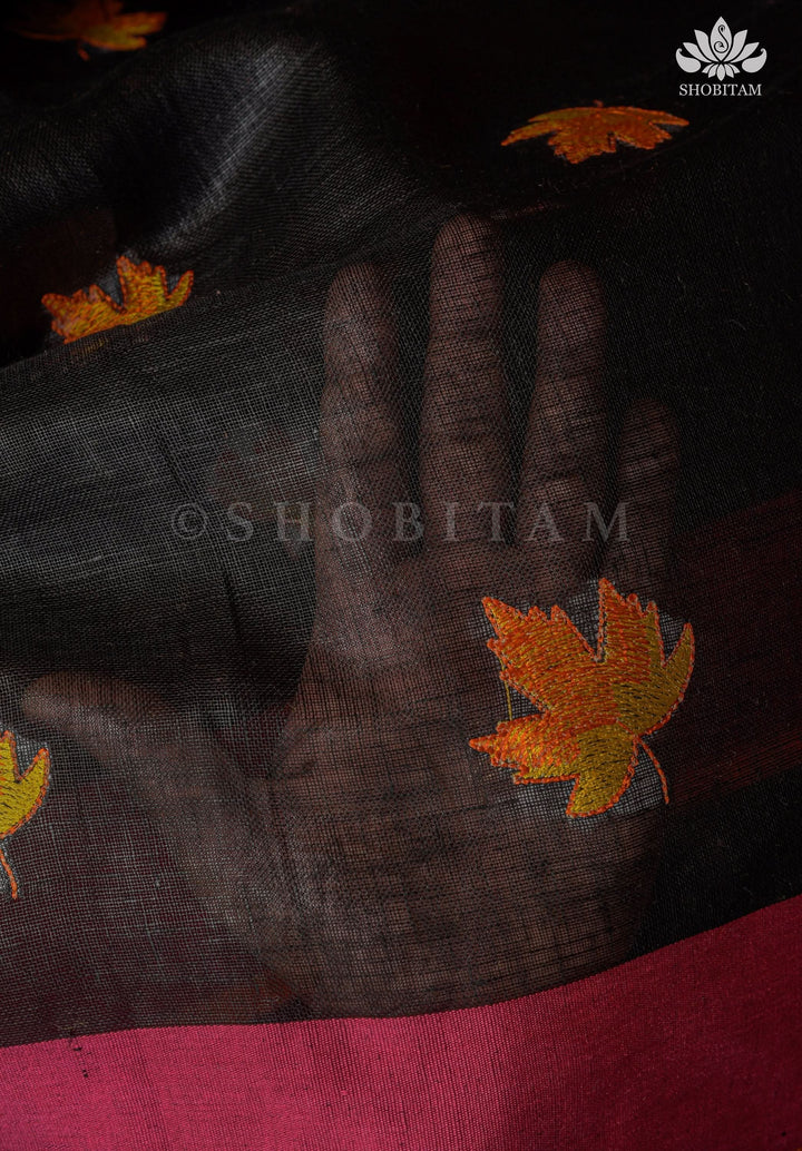 Linen by Linen Saree in Black with Fall Leaves Embroidery and Ganga Jamuna Borders | Shobitam Saree