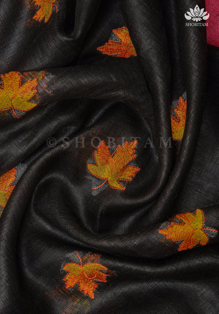 Linen by Linen Saree in Black with Fall Leaves Embroidery and Ganga Jamuna Borders | Shobitam Saree