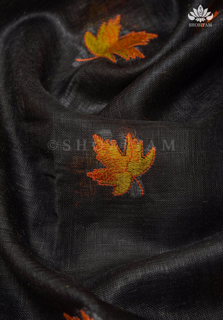 Linen by Linen Saree in Black with Fall Leaves Embroidery and Ganga Jamuna Borders | Shobitam Saree
