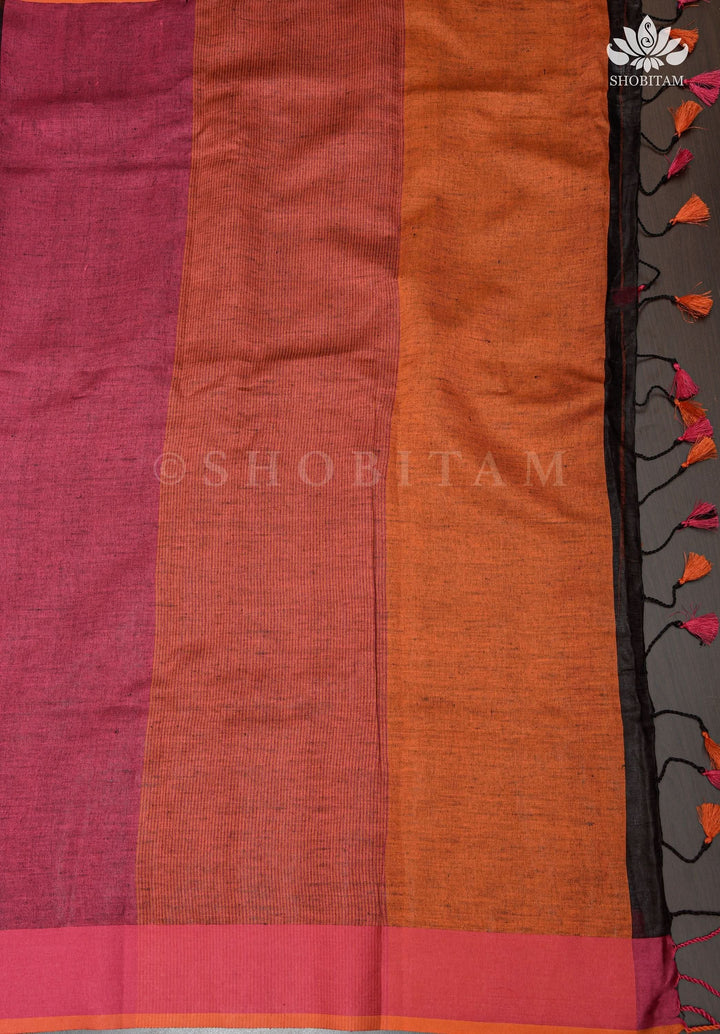 Linen by Linen Saree in Black with Fall Leaves Embroidery and Ganga Jamuna Borders | Shobitam Saree