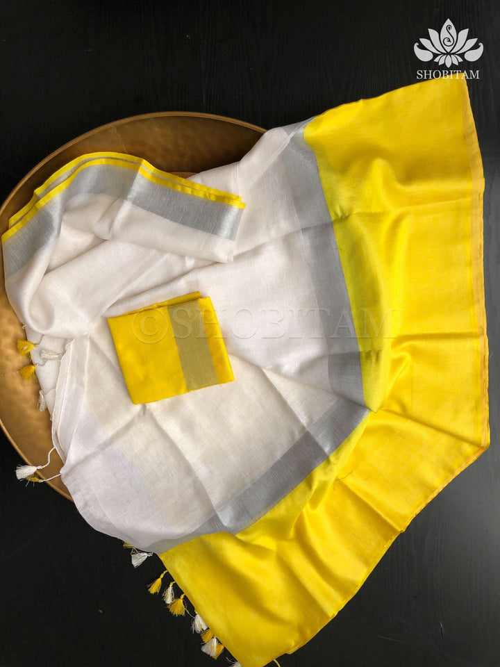 White and Yellow Wide Border Linen by Linen Saree