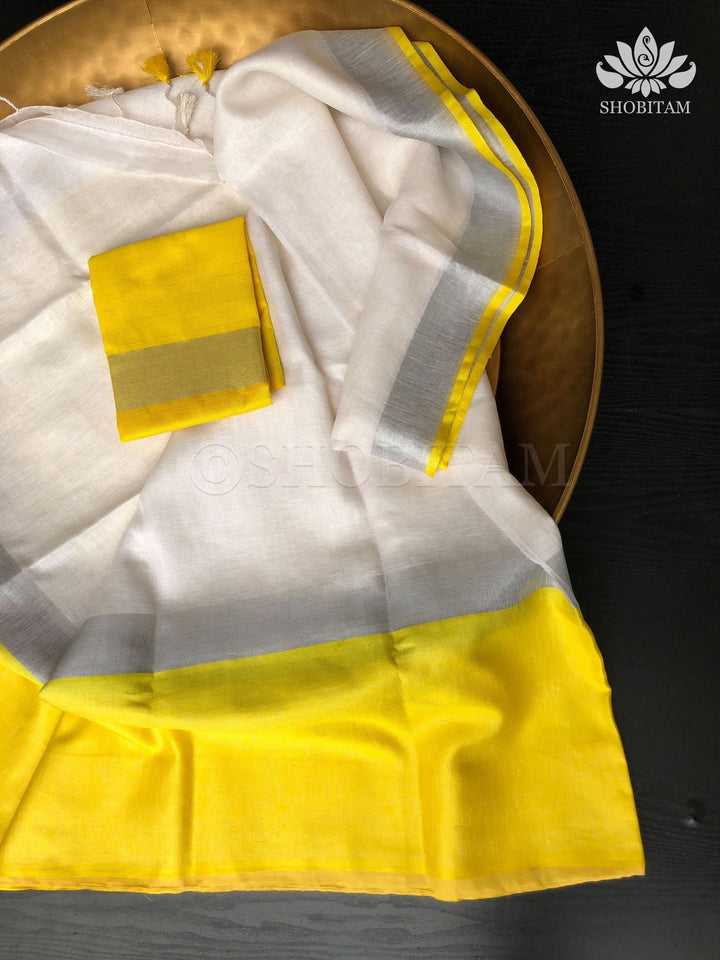 White and Yellow Wide Border Linen by Linen Saree