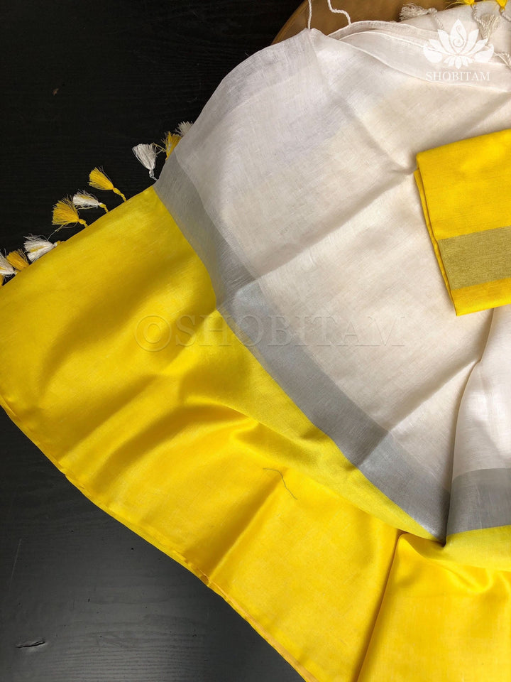 White and Yellow Wide Border Linen by Linen Saree