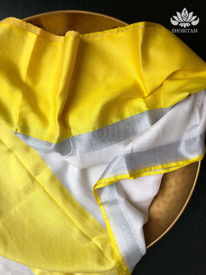 White and Yellow Wide Border Linen by Linen Saree