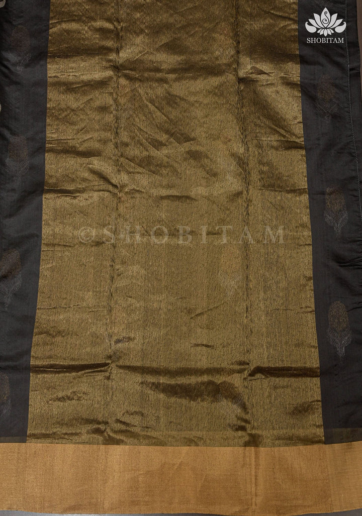 Black Chanderi Silk Saree with Sona Rupa Meena Floral Motifs in Black and Gold | Shobitam Saree