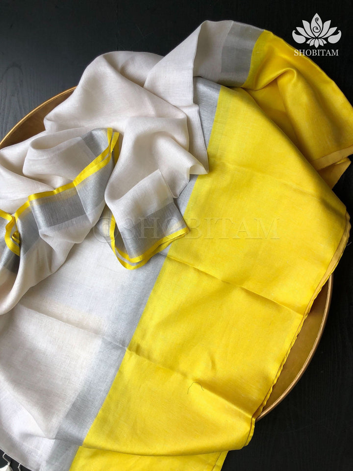 White and Yellow Wide Border Linen by Linen Saree