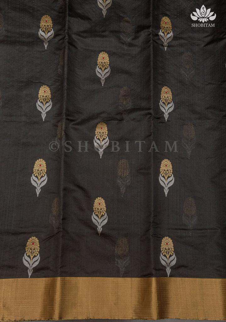 Black Chanderi Silk Saree with Sona Rupa Meena Floral Motifs in Black and Gold | Shobitam Saree