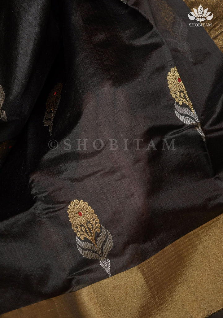 Black Chanderi Silk Saree with Sona Rupa Meena Floral Motifs in Black and Gold | Shobitam Saree
