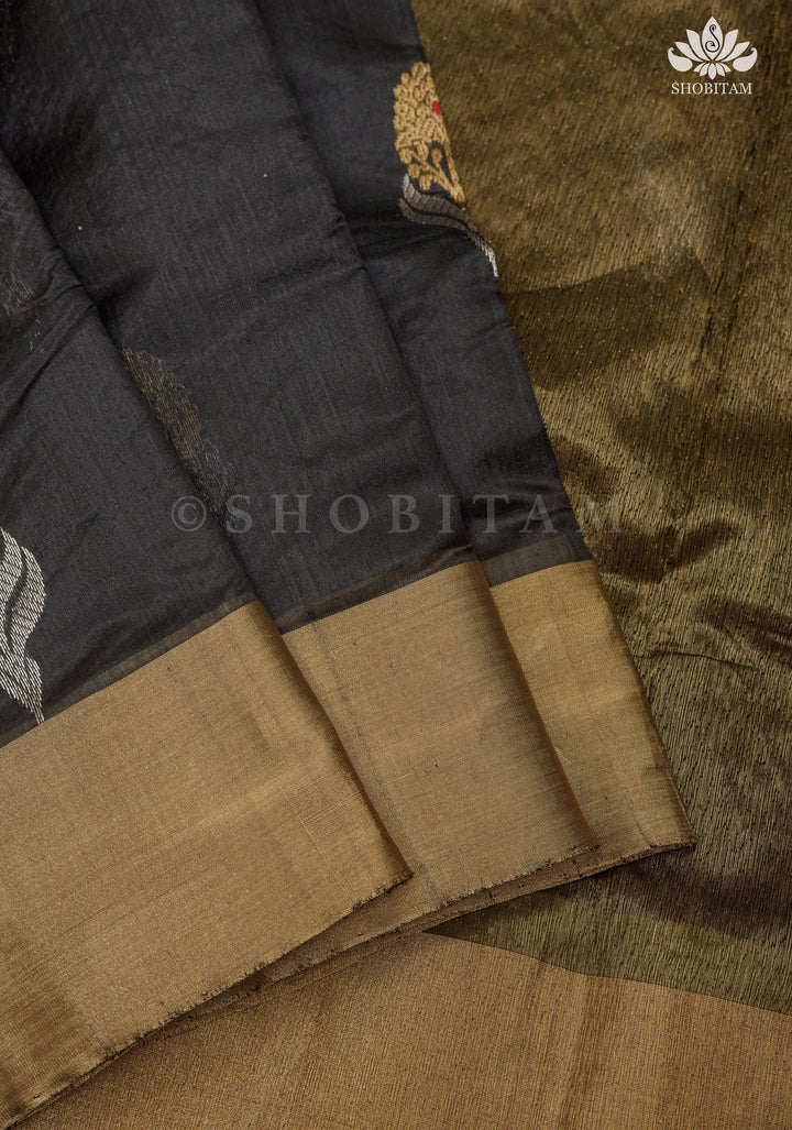 Black Chanderi Silk Saree with Sona Rupa Meena Floral Motifs in Black and Gold | Shobitam Saree