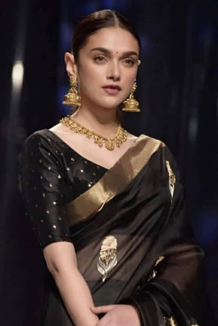 Black Chanderi Silk Saree with Sona Rupa Meena Floral Motifs in Black and Gold | Shobitam Saree