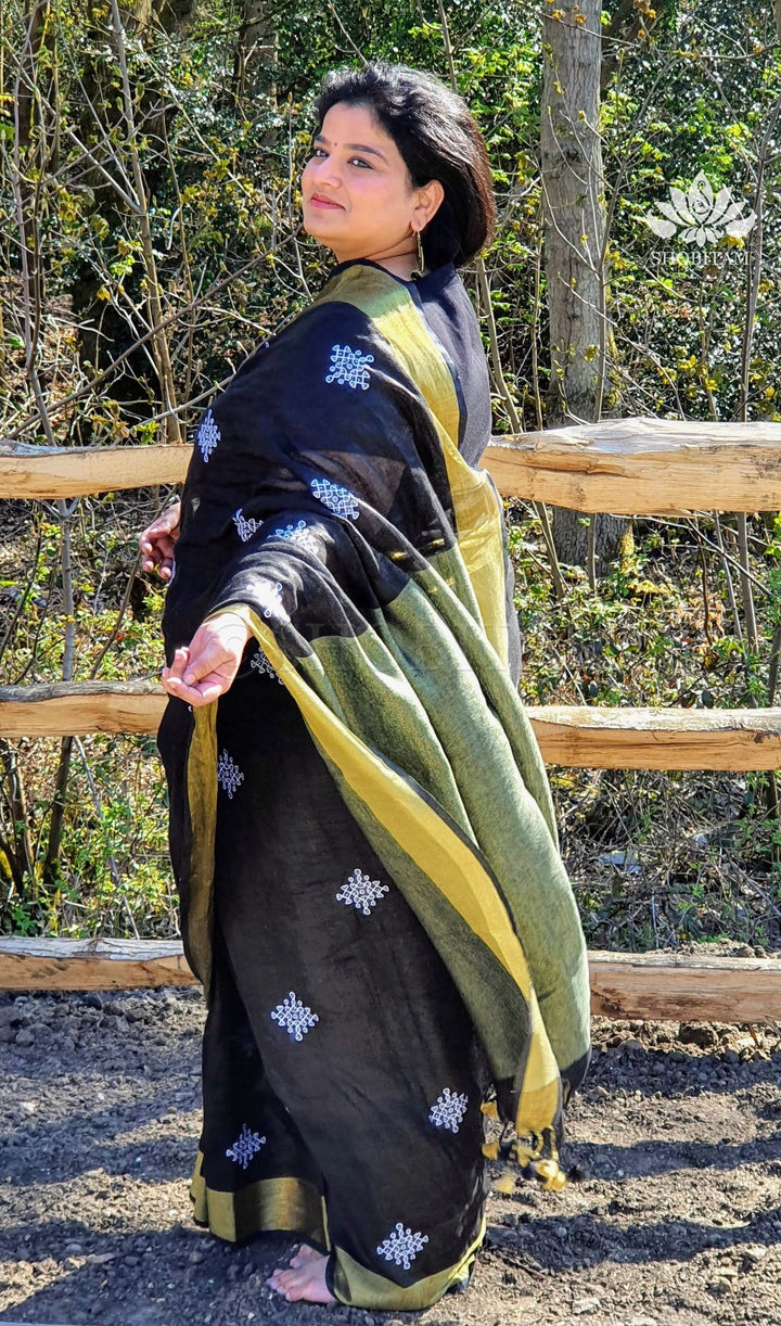 Black Linen by Linen Saree with Rangoli Embroidery