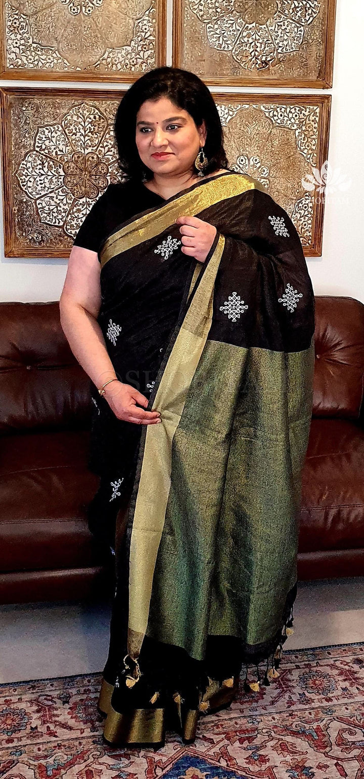 Black Linen by Linen Saree with Rangoli Embroidery