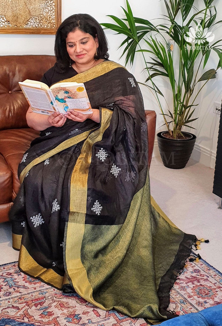 Black Linen by Linen Saree with Rangoli Embroidery