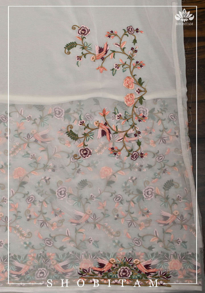 Parsi Gara Design Machine Embroidered Georgette Saree in Chalk White