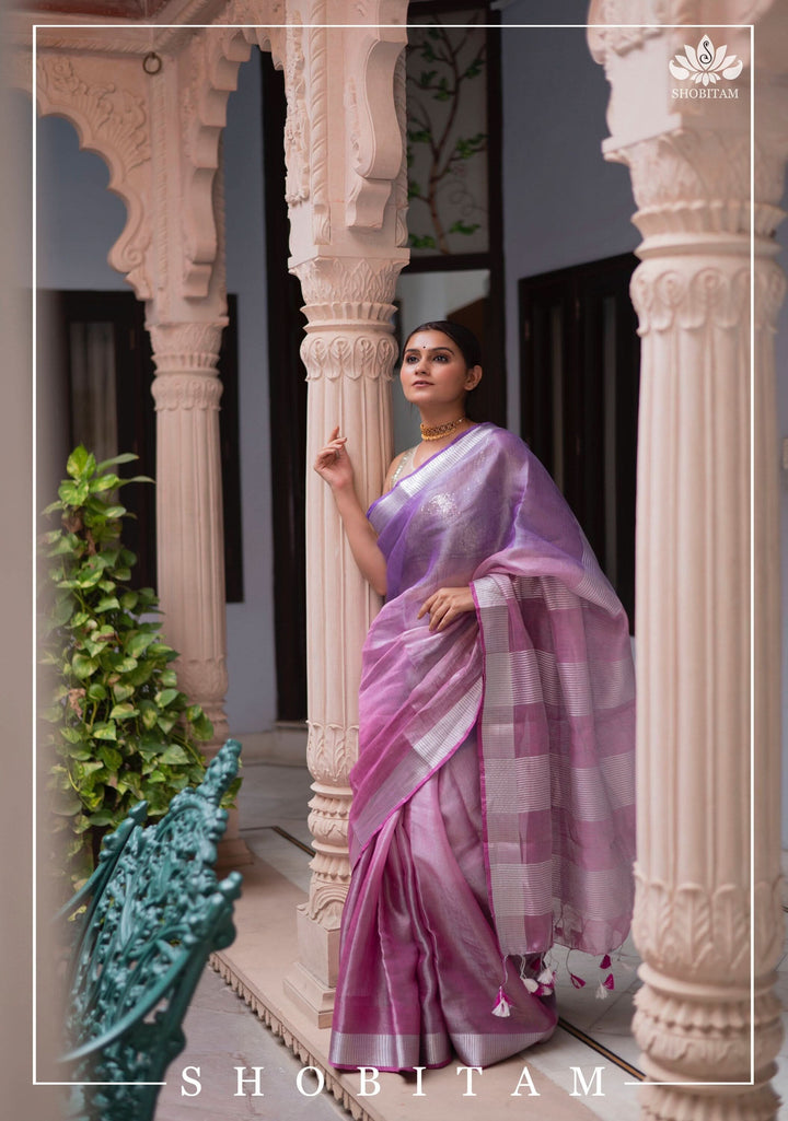 Shobitam Designer Collections - Pretty Lilac and Pink Ombre Tissue Linen saree