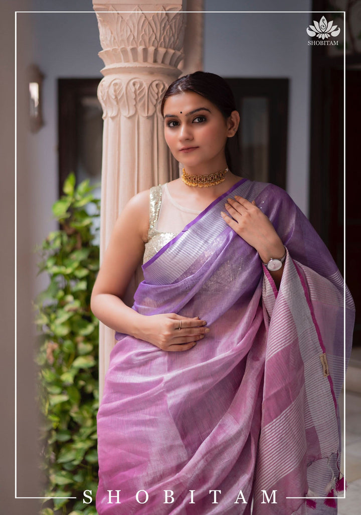 Shobitam Designer Collections - Pretty Lilac and Pink Ombre Tissue Linen saree