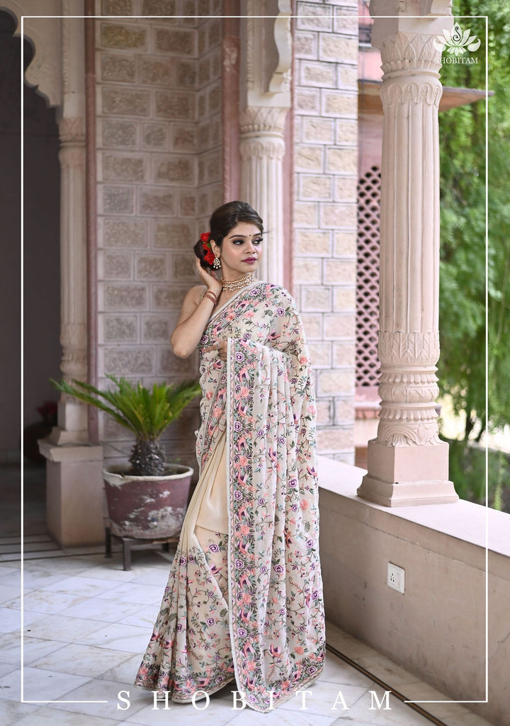 Parsi Gara Design Machine Embroidered Georgette Saree in Chalk White