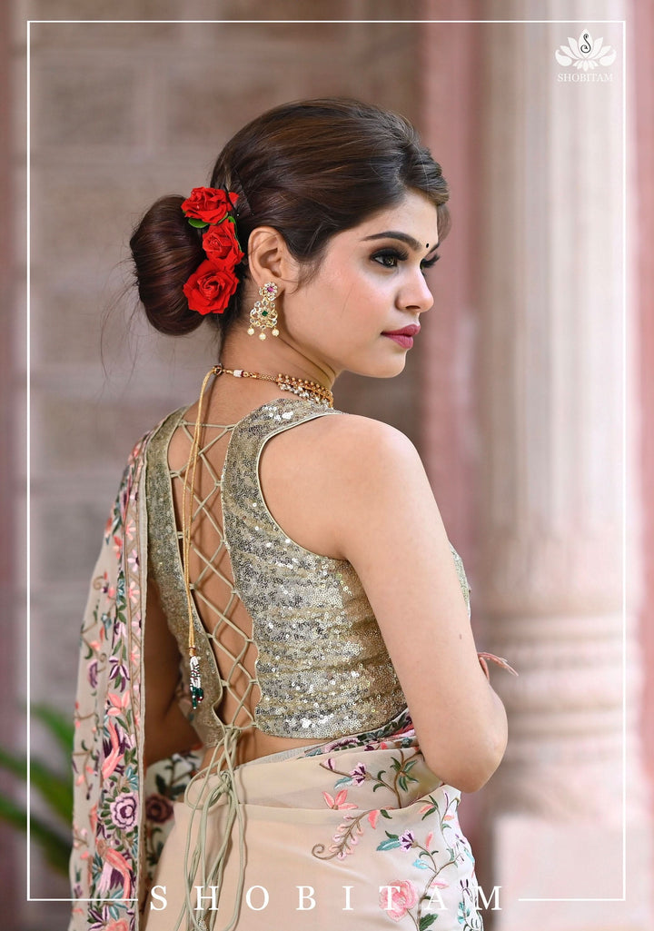 Parsi Gara Design Machine Embroidered Georgette Saree in Chalk White