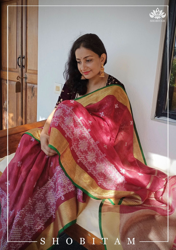 Rangoli Embroidered Border on Pure Linen by Linen Saree | Sarees by Shobitam