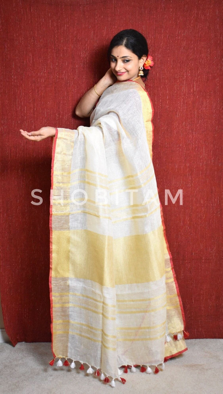Ivory Linen by Linen saree with Red-Gold Border