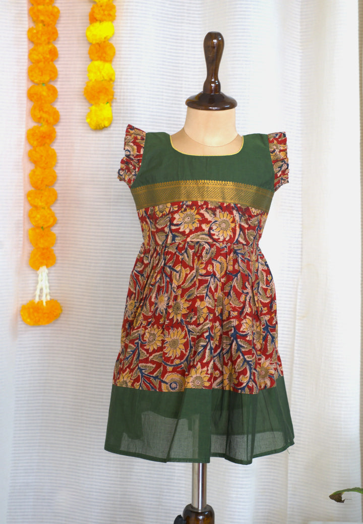 Green Printed Mangalagiri  Green frock for girl kids | Made To Order