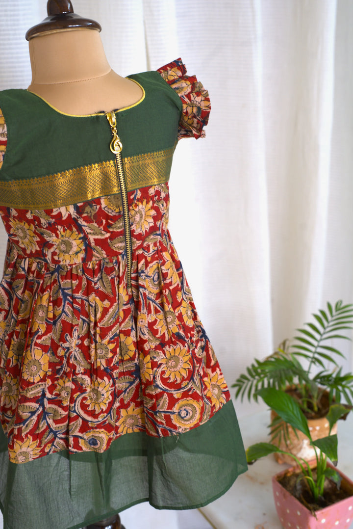 Green Printed Mangalagiri  Green frock for girl kids | Made To Order