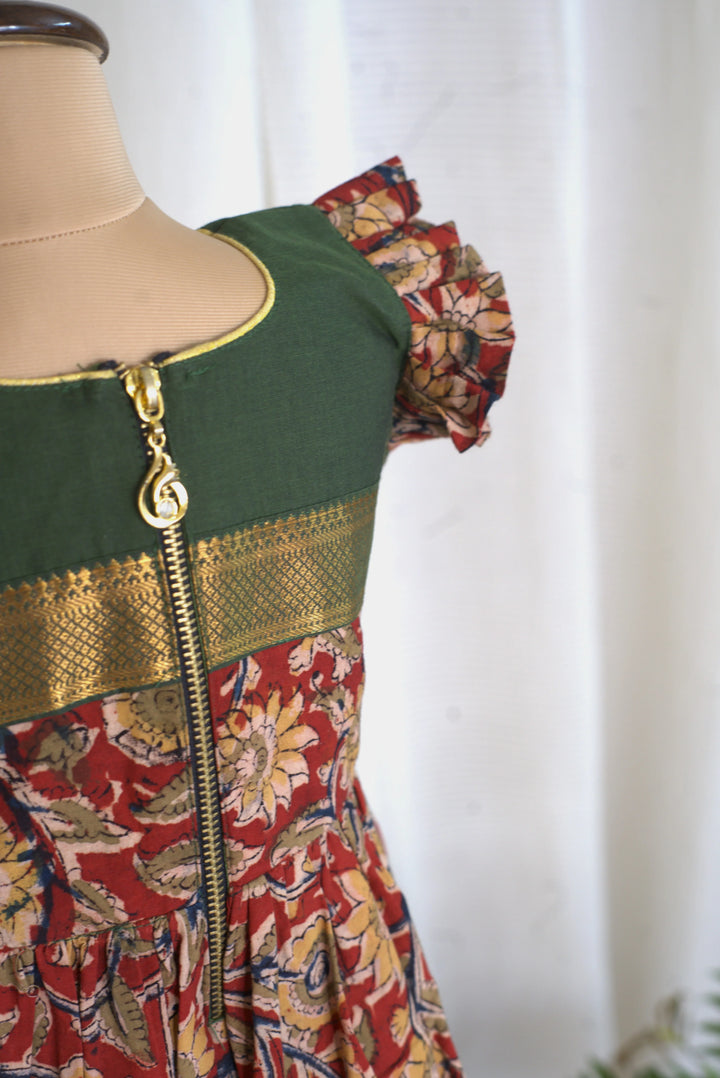 Green Printed Mangalagiri  Green frock for girl kids | Made To Order