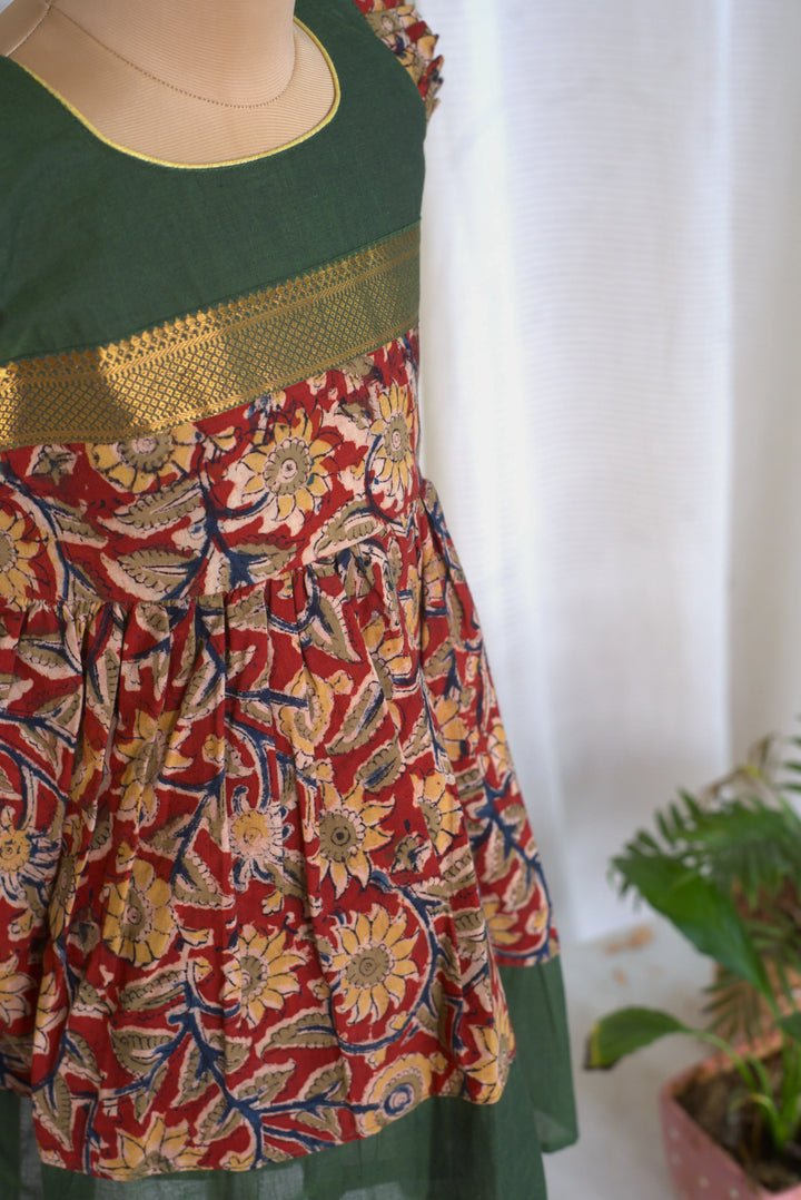 Green Printed Mangalagiri  Green frock for girl kids | Made To Order