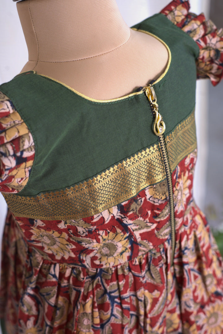 Green Printed Mangalagiri  Green frock for girl kids | Made To Order