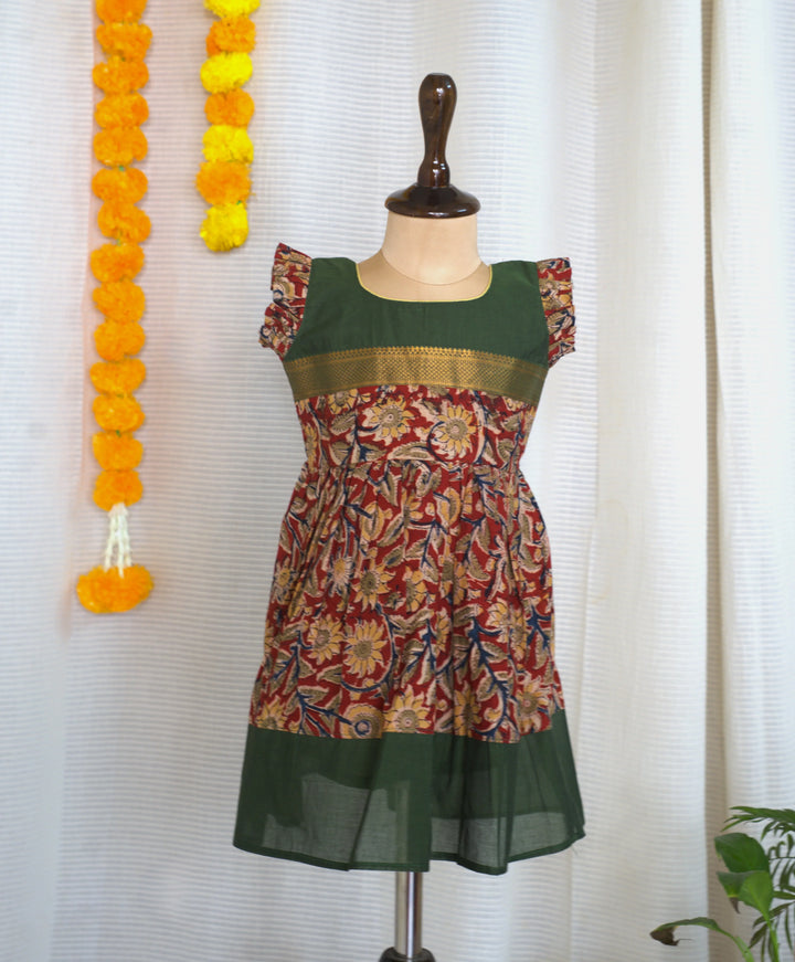 Green Printed Mangalagiri  Green frock for girl kids | Made To Order