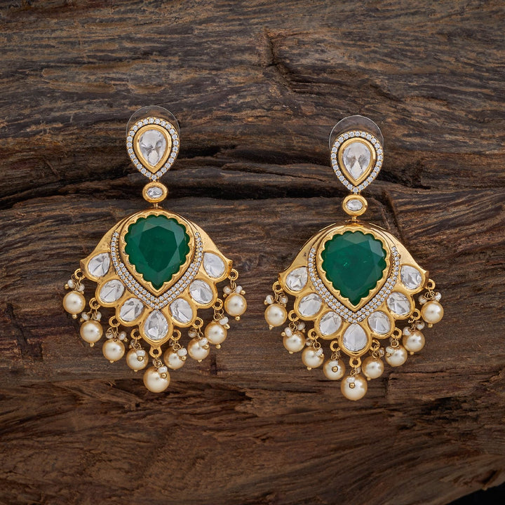 Gold Plated Kundan Teardrop Earrings with Green Stone and Dangling Pearls