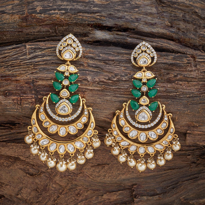 Gold-Plated Kundan Chandbali Earrings with White Stones and Dangling Pearls