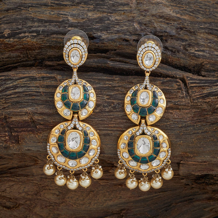Elegant Gold-Tone Kundan Circle Drop Earrings with White Stones and Dangling Pearls