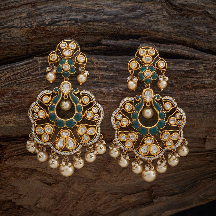 Gold-Plated Kundan Floral Drop Earrings with Green Stone and Dangling Pearls