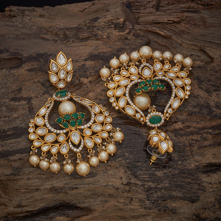 Gold-Plated Kundan Drop Earrings with Green Stone and Dangling Pearls