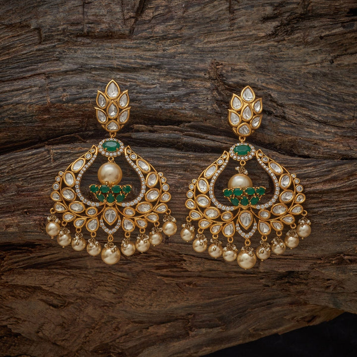 Gold-Plated Kundan Drop Earrings with Green Stone and Dangling Pearls