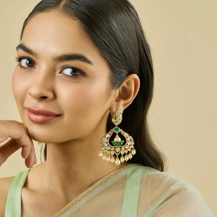 Gold-Plated Kundan Drop Earrings with Green Stone and Dangling Pearls