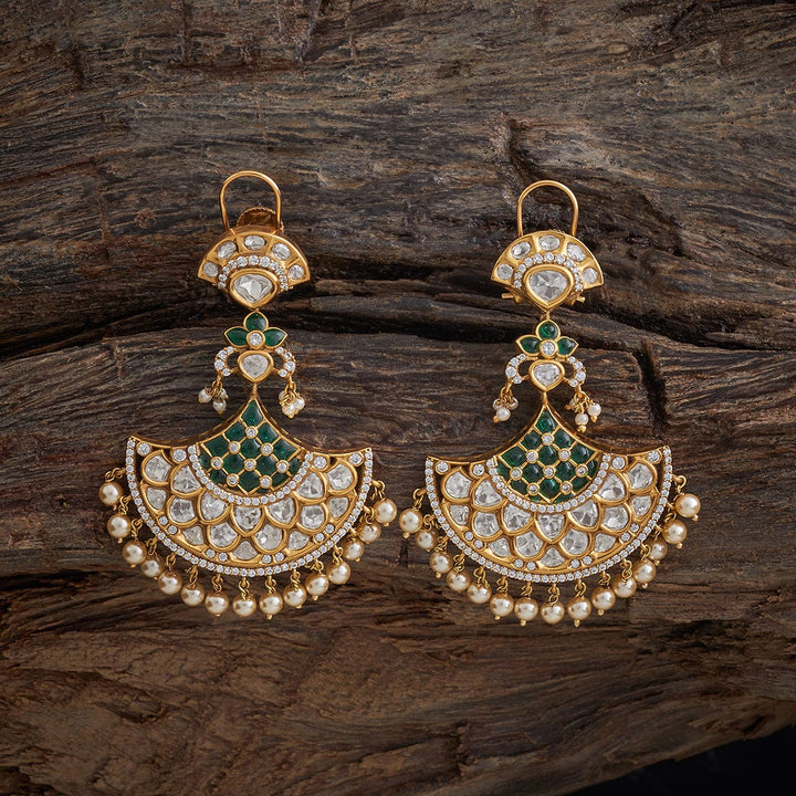 Half-Moon Polki Kundan Earrings with Emerald and Dangling Pearls